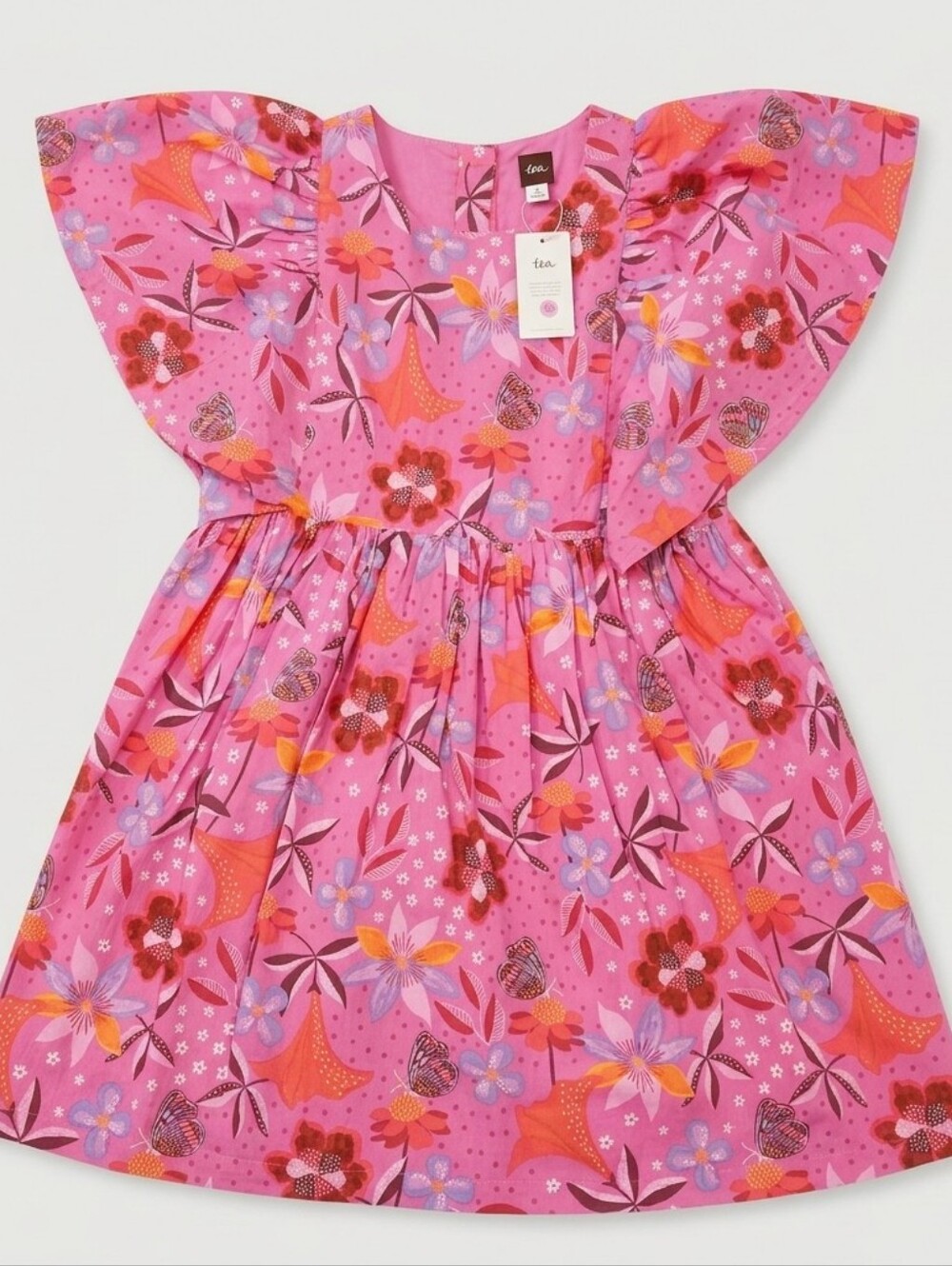 Tea Collection Pink Floral Flutter Sleeve Dress with Purple & Orange Accents NwT